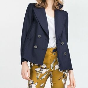 ZARA Basic Outerwear 100% Cotton Navy Double Breasted Blazer --‎ S